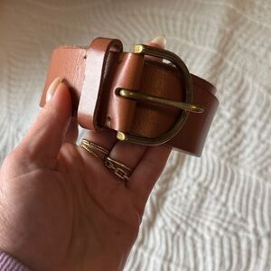 American Eagle Outfitters Tan Leather Belt with Brass-Tone Rounded Buckle
